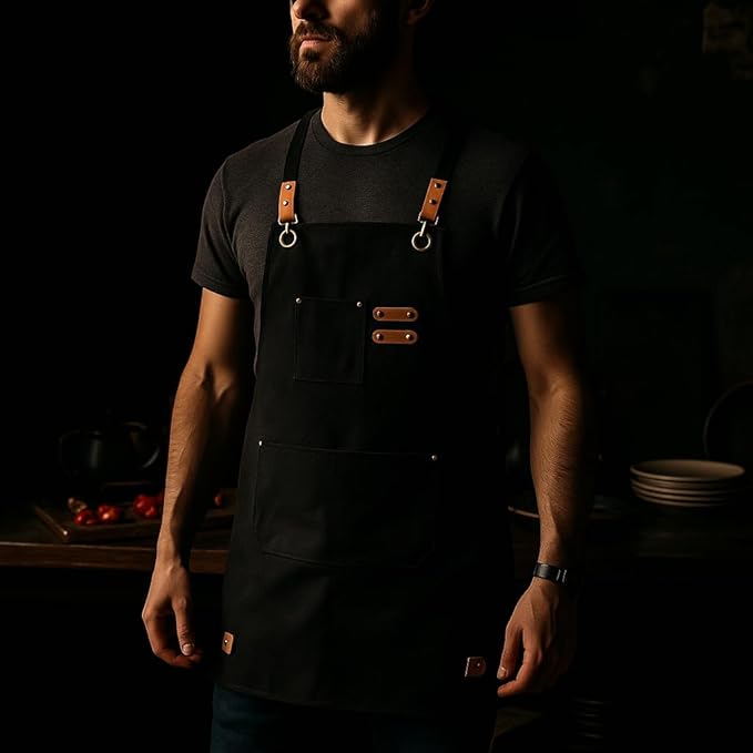 Chef Aprons for Men Canvas Apron with Large Pockets and Adjustable Neck Strap for Cooking, BBQ, Gardening