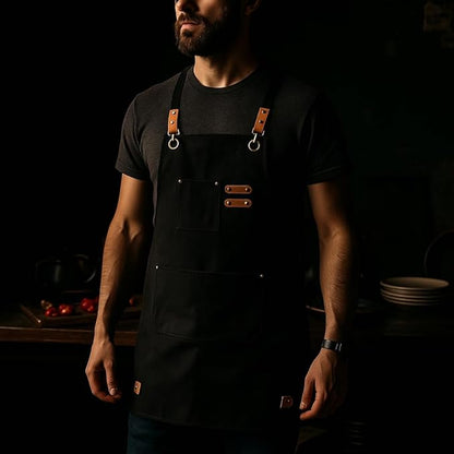 Chef Aprons for Men Canvas Apron with Large Pockets and Adjustable Neck Strap for Cooking, BBQ, Gardening