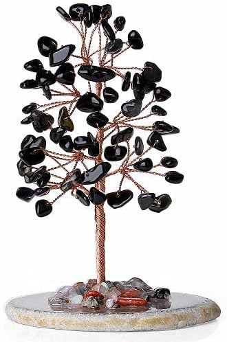 YATOJUZI Black Obsidian Crystal Trees Natural Crystals Stones Gemstones Tree Copper Wire Agate Base Tree of Life Feng Shui Decor Reiki Energy Lucky for Room Desk Home Decors Gifts for Women Men