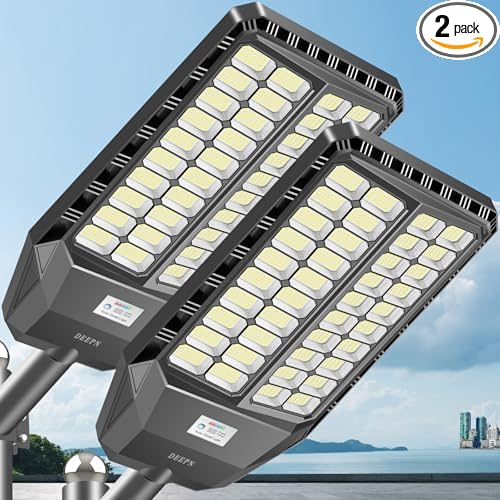 Deepn 9000W Solar Street Light, Bright LED Security Solar Flood Light with Motion Sensor & Dusk to Dawn, IP67 Waterproof Commercial Lights Outdoor for Outside, Parking Lot, Street, Yard, 2 Pack
