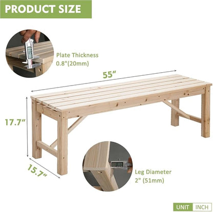 Outdoor Wood Bench Indoor Backless Porch Rustic Square Fir Log Solid Wood Fire Pit Bench for Patio Garden Deck and Backyard, 55" W×15.7" D×17.7" H, Natural
