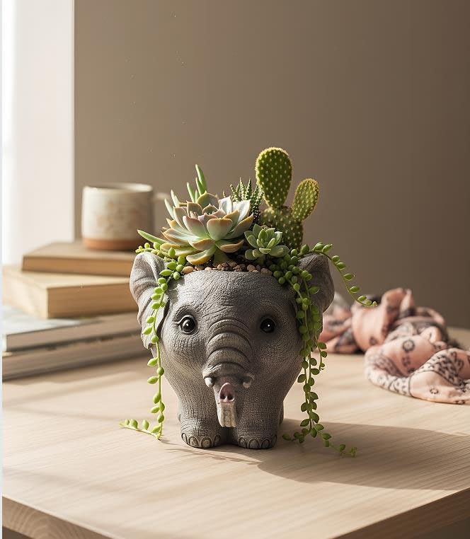 Elephant Planter Pot for Succulents, 6.7inch Resin Flower Pot with Drain Hole, Cute Animal Decor, Unique Gift for Christmas, Birthday, Mom, Housewarming (Grey)