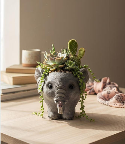 Elephant Planter Pot for Succulents, 6.7inch Resin Flower Pot with Drain Hole, Cute Animal Decor, Unique Gift for Christmas, Birthday, Mom, Housewarming (Grey)