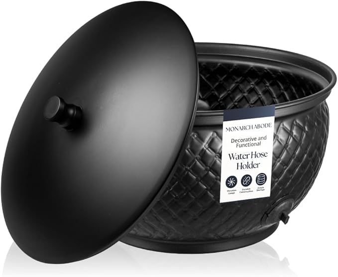 Monarch Abode Garden Hose Holder with Lid – Decorative Water Hose Holders for Outside, Diamond Embossed Metal Matte Black Pot with Drainage, 100ft Waterhose Holder for Outside, Garden Storage Caddy
