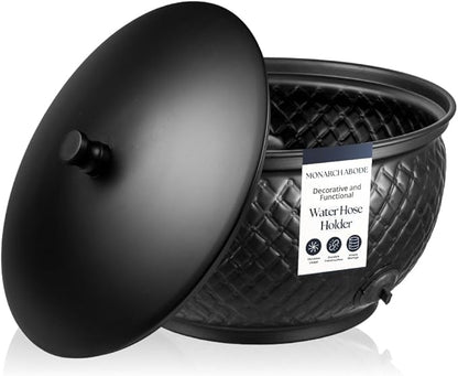 Monarch Abode Garden Hose Holder with Lid – Decorative Water Hose Holders for Outside, Diamond Embossed Metal Matte Black Pot with Drainage, 100ft Waterhose Holder for Outside, Garden Storage Caddy