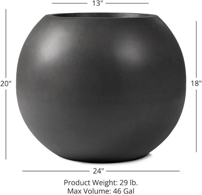 Ash & Ember 24" Round Sphere Charcoal Planter, 46 Gallon Lightweight Fiberstone Composite with Weather-Resistant Finish, Modern Planter Pot for Indoor and Outdoor Plants