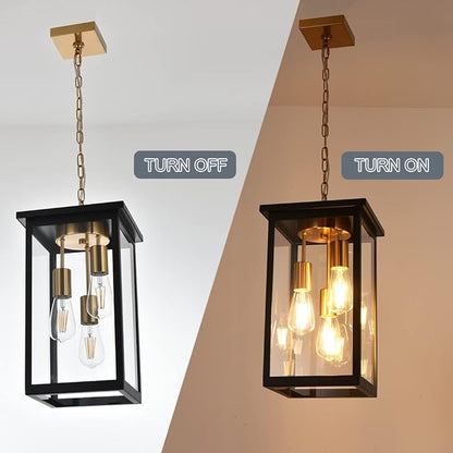 TODOLUZ Outdoor Pendant Light Fixtures, 3-Lights Exterior Hanging Lantern, Black Large Outdoor Hanging Porch Light with Clear Glass Shade