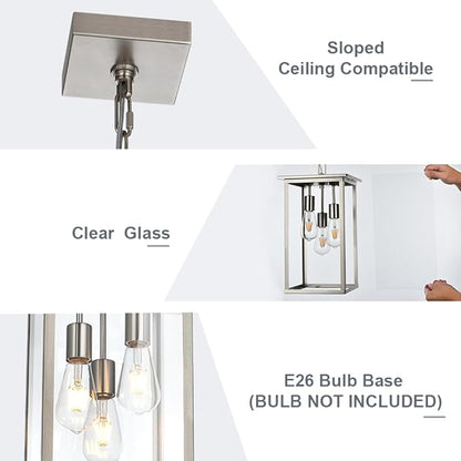 Lagre Outdoor Pendant Light Fixtures, Brushed Nickel Exterior Porch Hanging Lighting with Adjustable Chain, Clear Glass Panel Ceiling Lantern for Front Door Foyer Entryway, E26 Bulb Base
