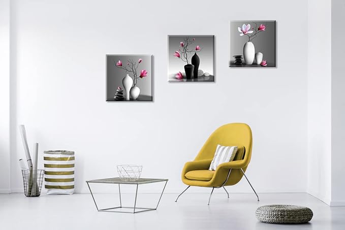 TEKMENT Flower Wall Art for Bathroom Hallway, SZ Elegant Orchid Still Life Canvas Painting Prints, Magnolia in Black and White Vases Picture (Ready to Hang, Waterproof Décor, 20x20 x3p Large)
