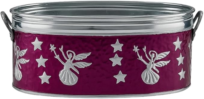 Set of 3 Vintage Christmas Metal Planters – Embossed Angel & Star Cachepots with Silver Rims, Purple Galvanized Holiday Decor (10″, 9″, 7″ W)