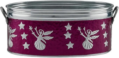 Set of 3 Vintage Christmas Metal Planters – Embossed Angel & Star Cachepots with Silver Rims, Purple Galvanized Holiday Decor (10″, 9″, 7″ W)