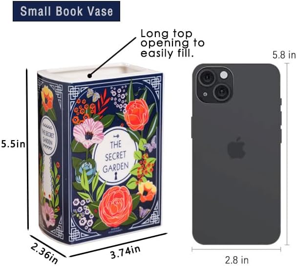 Ceramic Book Vase for Flowers, Home Decor, Cute Bookshelf Accent, Lovers Gifts, Unique Home/Bedroom/Office Decor (Small - Secret Garden)