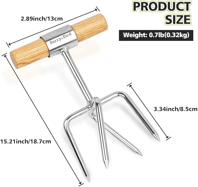 Berry&Bird Twist Tiller - 4 Stainless Steel Tines Hand Tiller for Aerating, Loosening Soil and Removing Weed, Garden Cultivator Tiller with Wooden Handle, Perfect for Raised Beds, Borders & Containers