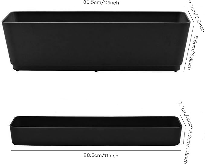 Lainrrew 3 Pack Window Box Planters, 12 Inches Rectangular Planter Plastic Flower Box Plant Pots Plant Containers with Tray for Balcony, Windowsill, Garden, Home Office Outdoor Decoration (Black)