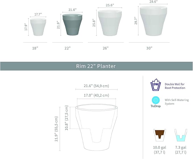 Crescent Garden Rim TruDrop Planter, Self-Watering Plant Pot, 22-Inch (Currant)