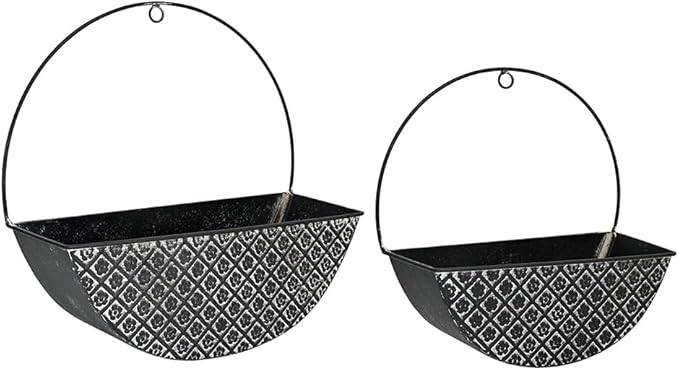 2-Piece Black Metal Planter Wall Hanging Baskets Decor Half-Moon Wall Mount Planter Set for Shabby Chic Farmhouse Outdoor Indoor Wall Decor