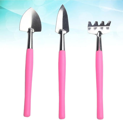 Mini Garden Tool Set 3pcs Iron Shovel Rake Hand Tools for Potted Plants Pink Gardening Weeding Transplanting Kit