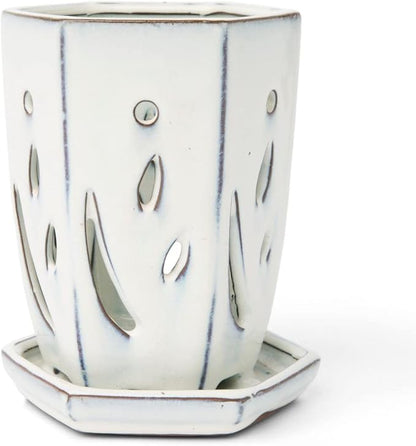rePotme 4 x 6 inch Ceramic Orchid Pot (White Diamond) - Hexagon Orchid Pot with Holes