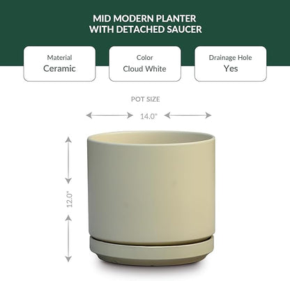 PLANTATOREM Ceramic 14 Inch Mid Modern Planter Pot with Drainage Hole and Saucer, Indoor Cylinder Round Flower Pot, Perfect for Planting Succulents, Herbs, Flowers, House Plants, Cloud White