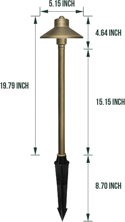 GKOLED Solid Brass Landscape Path Lights (5" Shade, 20" Tall), Low Voltage LED 3W 12-24V China Hat Path Lighting, Outdoor Waterproof Walkway Light, 2700K Warm White, with Stake and G4 Bulb, 12 Pack