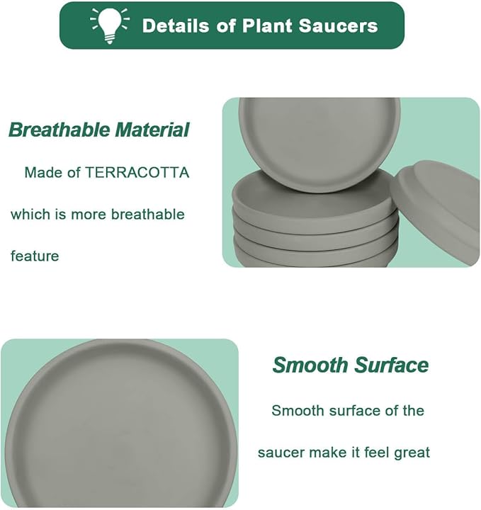 vensovo 6 Inch Grey Terracotta Plant Saucer Pots Tray - 6 Pcs Round Planter Saucers for Indoor & Outdoor Plants, Small Clay Trays Perfect for 5 Inch 5.5 Inch 6 Inch Flower Pot