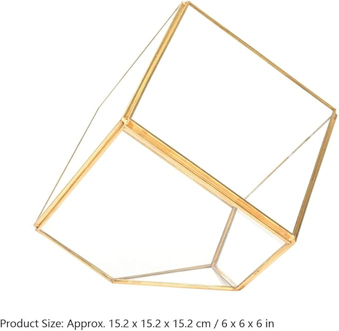 Gold Geometric Shape Succulents Plant Flowerpot, Glass Planter with Copper Frame, Modern Home Table Decoration for Succulents Ferns Cacti, Transparent Glass Planter for Office