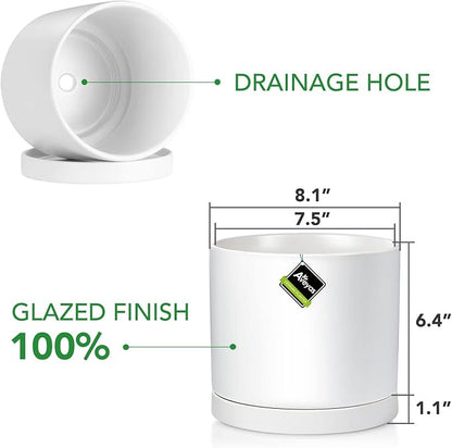 Aveyas 8 inch Ceramic Plant Pot with Drainage Hole and Saucer - Suitable for Indoor and Outdoor Use, Modern Planters for House Garden Flower Tree Snake Monstera Plants (8", Matte White)
