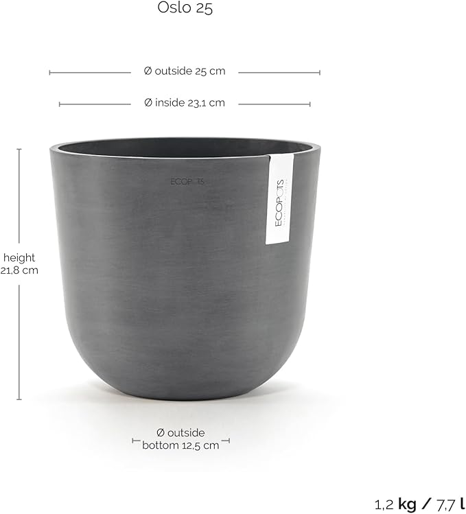 Ecopots Oslo Durable Modern Round Indoor/Outdoor Recycled-Based Composite Flower Pot Planter, Grey, 10"