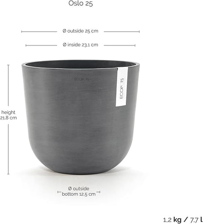 Ecopots Oslo Durable Modern Round Indoor/Outdoor Recycled-Based Composite Flower Pot Planter, Grey, 10"