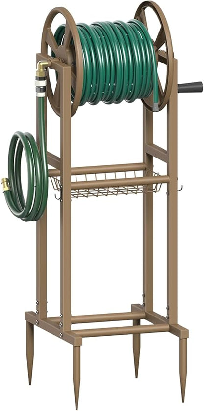 Freestanding Garden Hose Reel holds 125ft Hose of 5/8" with 4 Hooks, 4-Spike Outdoor Hose Holder with 3.9ft Leader Hose & Brass Fitting, Detachable Metal Hose Stand with Storage Rack, Brown