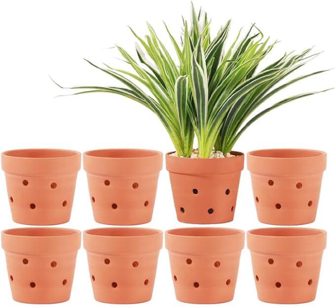 Yishang 4.6 Inches Terracotta Orchid Pots with Holes - Set of 8 Clay Orchid Planter Pots for Repotting, Small Flower Plant Pots for Orchid Indoor & Outdoor, Promotes Air Circulation