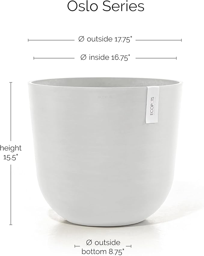 Ecopots Oslo Durable Modern Round Indoor/Outdoor Recycled-Based Composite Flower Pot Planter, Pure White, 17.75"