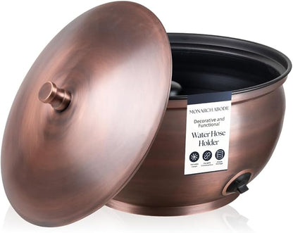 Monarch Abode Garden Hose Holder with Lid – Decorative Water Hose Holders for Outside, Smooth Metal Antique Copper Pot with Drainage, 100ft Waterhose Holder for Outside, Garden Storage Caddy