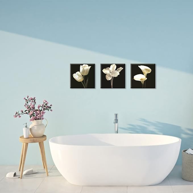 Flower Wall Decor for Bedroom, SZ Still Life Canvas Art Prints of White Tulip & Calla Lily Oil Paintings, Elegant Floral Pictures (Waterproof Artwork, 1" Thick, Bracket Mounted Ready to Hang)