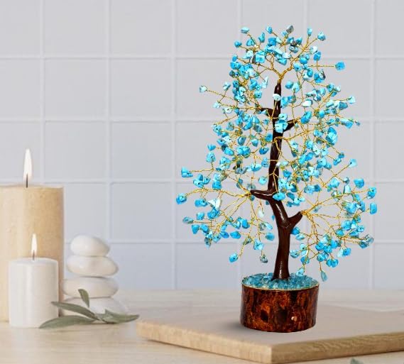 Turquoise Crystal Tree with Golden Wire – Handcrafted Gemstone Bonsai for Home Decor, Healing & Positive Energy