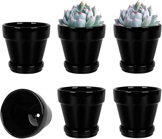 vensovo 4 Inch Black Ceramic Pots for Plant with Saucer - 6 Pack Small Ceramic Planter with Drainage Hole, Flowerpot with Tray, Great for Indoor Outdoor Plants, Crafts, Wedding Favor
