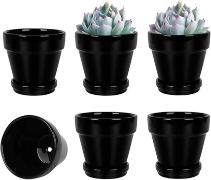 vensovo 4 Inch Black Ceramic Pots for Plant with Saucer - 6 Pack Small Ceramic Planter with Drainage Hole, Flowerpot with Tray, Great for Indoor Outdoor Plants, Crafts, Wedding Favor