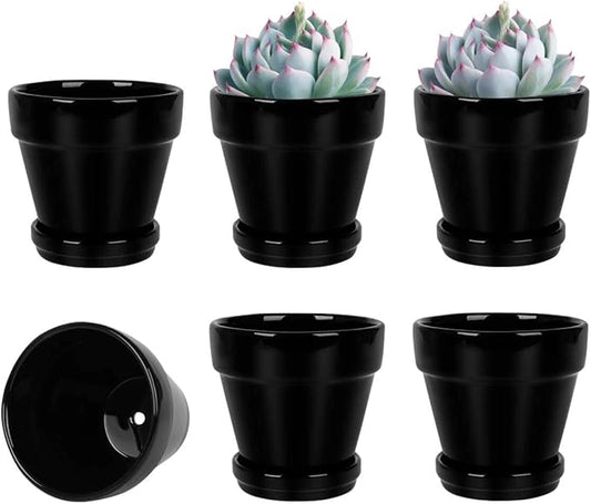 vensovo 4 Inch Black Ceramic Pots for Plant with Saucer - 6 Pack Small Ceramic Planter with Drainage Hole, Flowerpot with Tray, Great for Indoor Outdoor Plants, Crafts, Wedding Favor