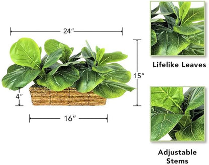 15 Inch Fiddle Leaf Fig Tree in Woven Basket - Low Maintenance Indoor & Outdoor Faux Plants for Living Rooms, Offices, Kitchens & Outdoor Spaces