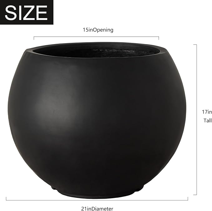 17 H x 21" Dia (15" Pot Opening) Round Fiberstone Planter with Drainage Hole, Black, Indoor/Outdoor Large Plant Pot for Home Patio Garden, Planter for Christmas Tree, Ideal for Large Plants