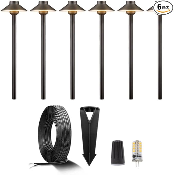 Gardenreet Brass Low Voltage Path Lighting Kit (6 Pack Path Lights) with 100 Feet Cable and 30Pack Wire Connectors for Outdoor Pathway House Garden Patio Without Transformer