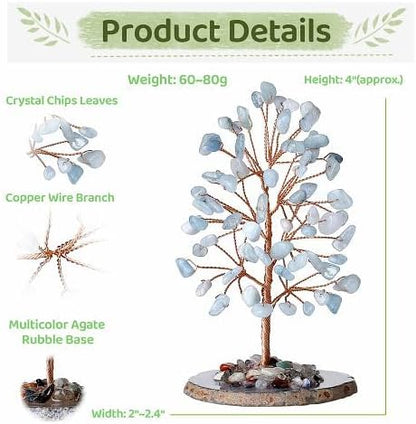 YATOJUZI Aquamarine Crystal Trees Natural Crystals Stones Gemstones Tree Copper Wire Agate Base Tree Of Life Feng Shui Decor Reiki Energy Lucky For Meditation Room Desk Home Decors Gifts For Women Men