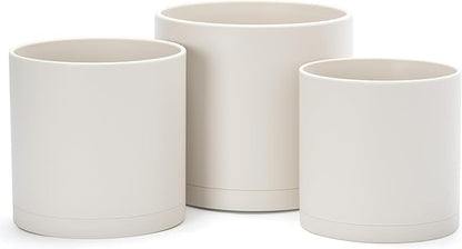D'vine Dev 6 Inch 6.5 Inch 8 Inch, Set of 3 Plastic Planter Pots for Plants with Drainage Hole and Seamless Saucers, Oatmeal, Medium, 74-V-H-3