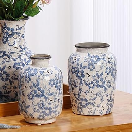 Denique Vintage Blue and White Porcelain Vase Ceramic Vase for Home Decor, Retro Crack Blue Flower Vase Pottery Vase Chinoiserie Decor