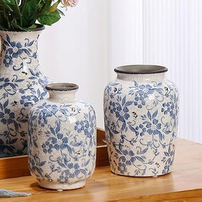 Denique Vintage Blue and White Porcelain Vase Ceramic Vase for Home Decor, Retro Crack Blue Flower Vase Pottery Vase Chinoiserie Decor