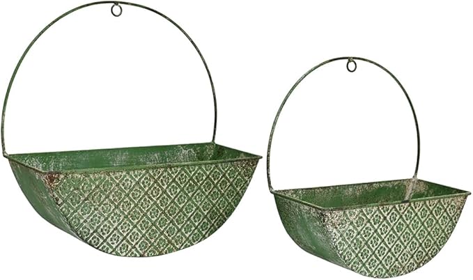 2-Piece Green Metal Planter Wall Hanging Baskets Decor Half-Moon Wall Mount Planter Set for Shabby Chic Farmhouse Outdoor Indoor Wall Decor
