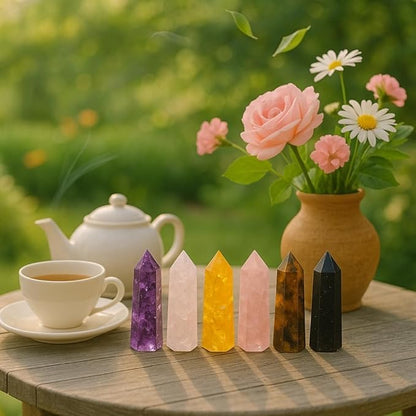 Healing Crystal Wand Set of 6 Orgonite 3.5 Inch Gemstone Towers – Amethyst, Rose Quartz, Citrine, Clear Quartz, Tiger Eye, Black Tourmaline Necklace ChristmasGift Set