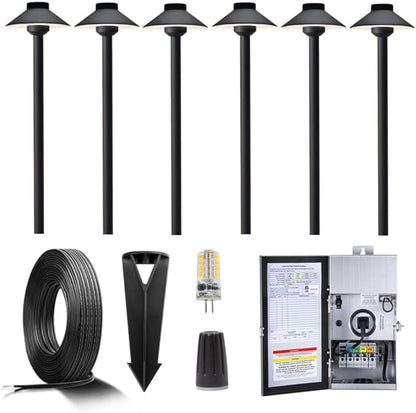 Gardenreet Black Brass Low Voltage Landscape Path Lights(6 Pack) Kit 12V LED with Low Voltage Transformer 150W and Mechanical Timer and 100 Feet Wire and 30Pack Connectors for Outdoor Yard Driveway