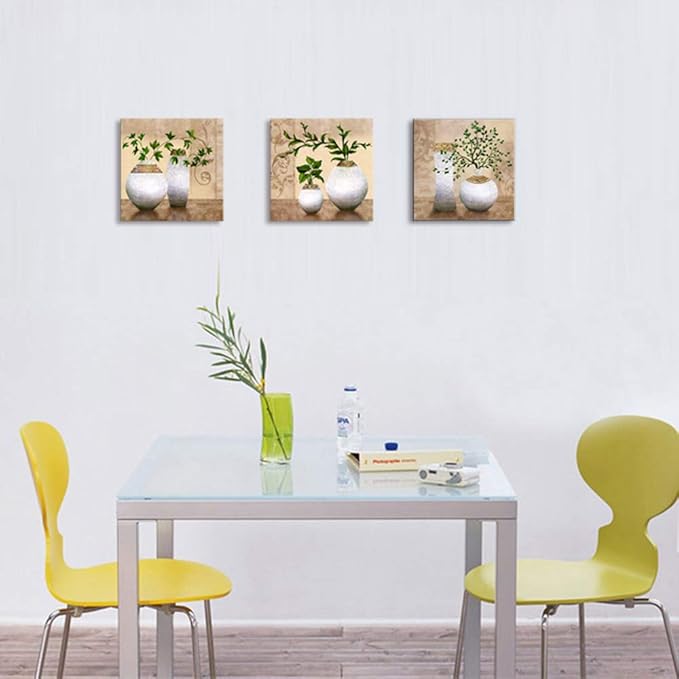 3 Piece Wall Art for Bathroom/Hallway, SZ HD Elegant Canvas Painting Prints of Green Spring Plants in Vases on Beige/Tan Picture (Waterproof Decor, Ready to Hang, 12x12 x3)