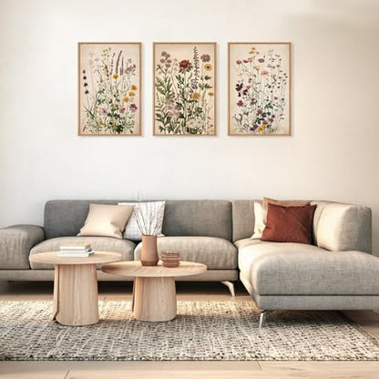 Vintage Wildflower Watercolor Framed Canvas Wall Art Set, Retro Flower Botanical Wall Decor, Colorful Floral Wall Painting, Flower Illustration Art Prints for Living Room, Bedroom 24"x36"x3
